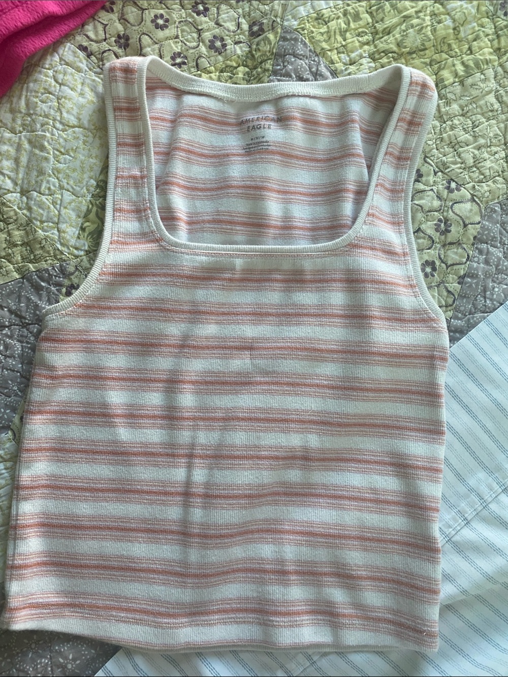 American Eagle Striped Square-Neck Cropped Tank in Cream & Peach